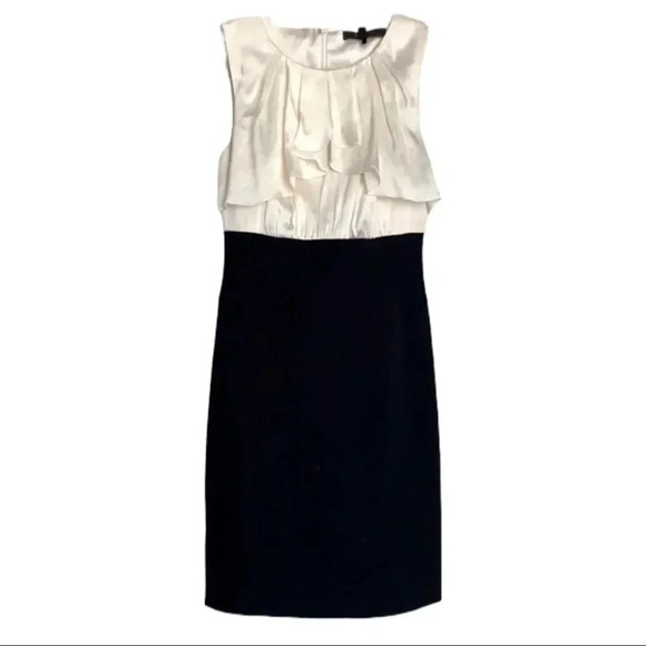 BCBG Maxazria Satin Silk Ivory Ruffle Bust Straight Shift Black Dress Size 0 - Picture 4 of 12